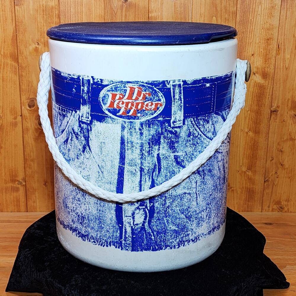 Vintage Dr. Pepper Blue Jean Cooler with Handle  Circa 1970s